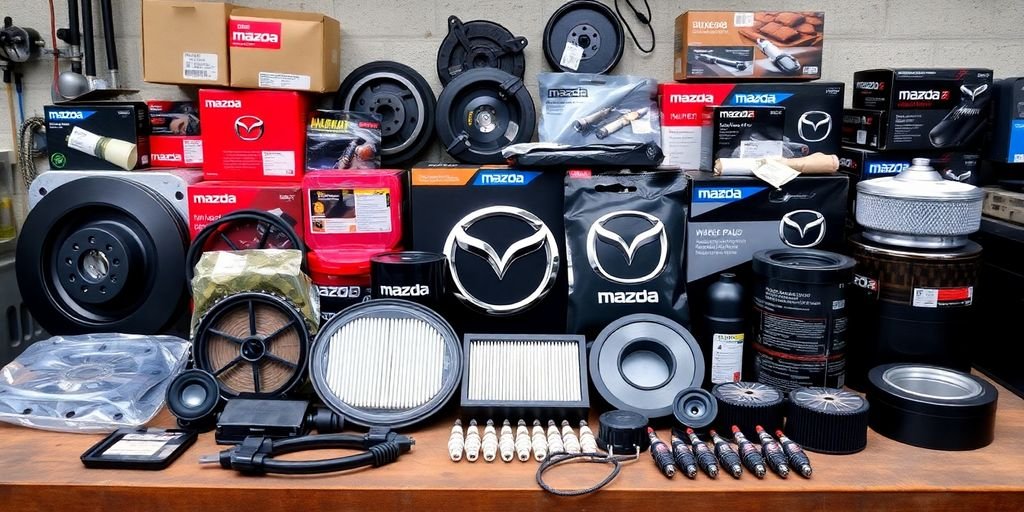 High-quality Mazda auto parts displayed on a workbench.