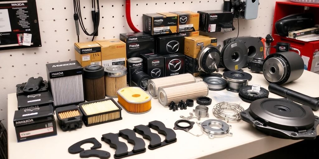 Mazda auto parts displayed on a workbench.