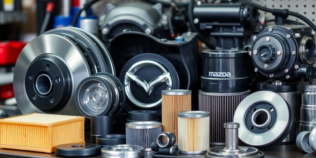 Close-up of Mazda spare parts on a workbench.