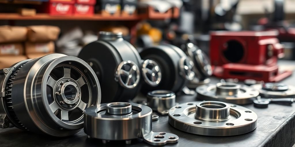 Close-up of Mazda spare parts on a workshop table.