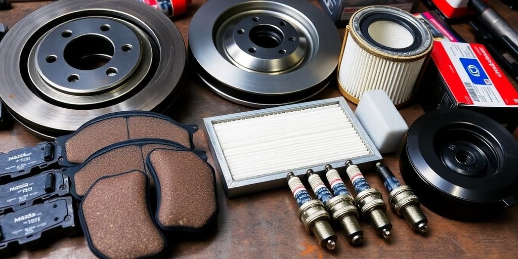 Close-up of quality Mazda replacement parts on a bench.
