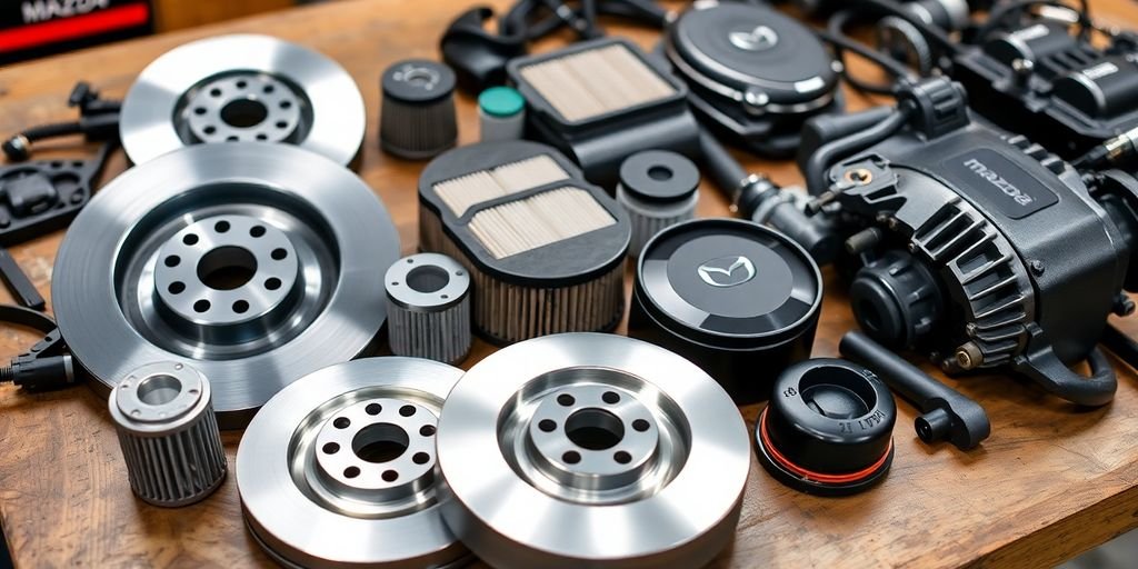 High-quality Mazda car parts on a workbench.