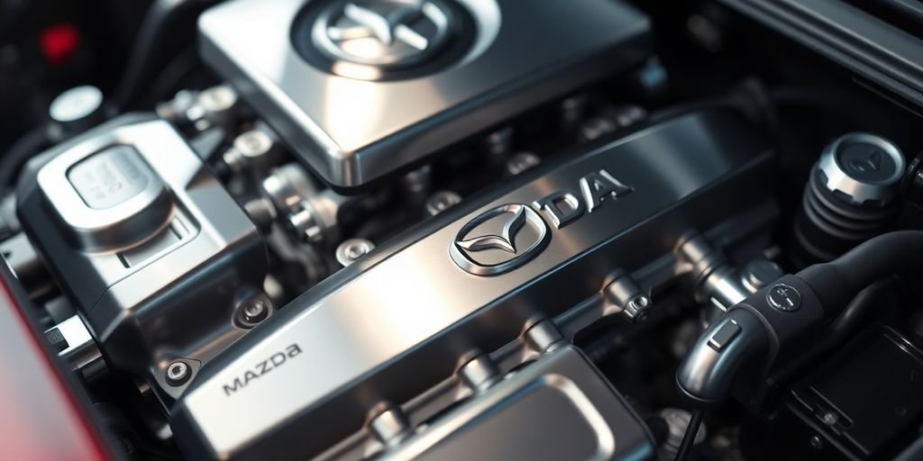 Close-up of a shiny Mazda engine.