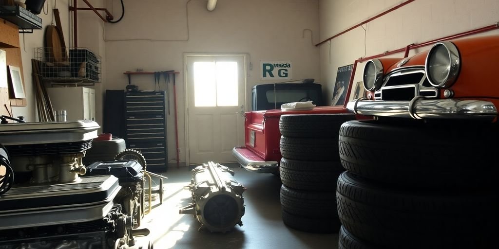 Used Mazda parts in a neat Australian garage.