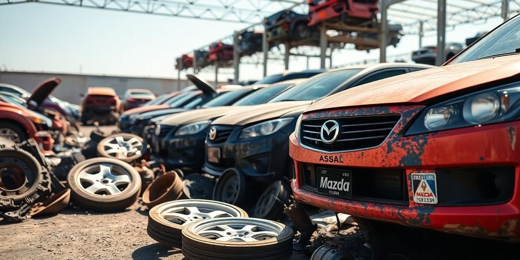 Mazda car parts in a sunny wrecking yard