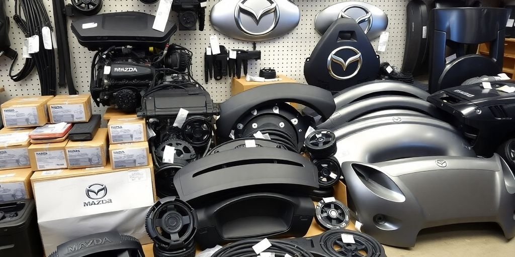 Mazda car parts laid out neatly.