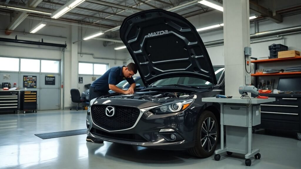 Mechanic working on Mazda car engine in workshop