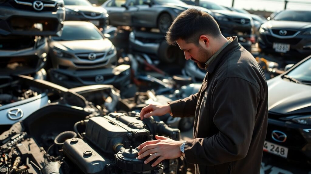 Mechanic working with Mazda car parts in a junkyard.