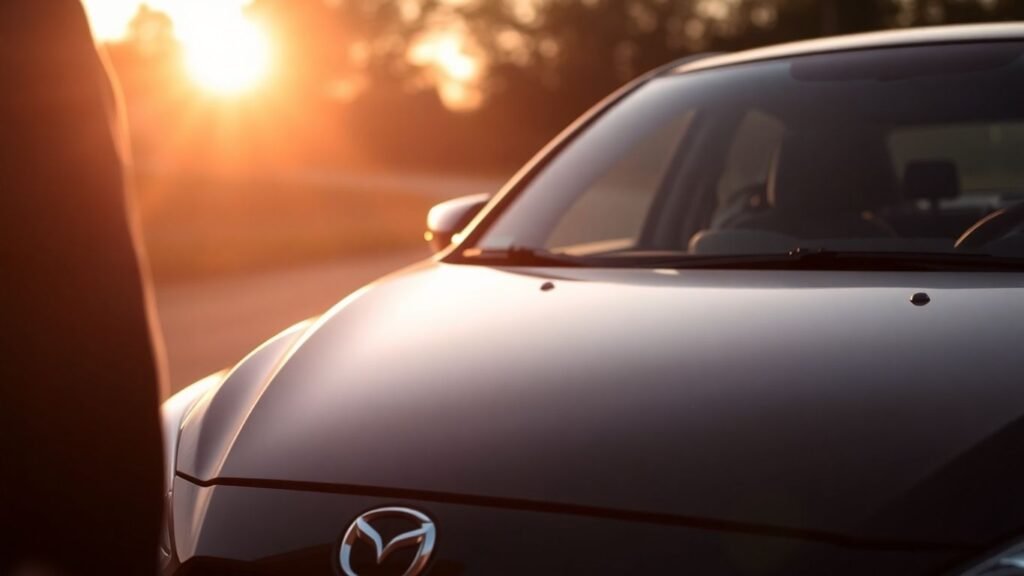 Person and Mazda at sunset, emotional goodbye.