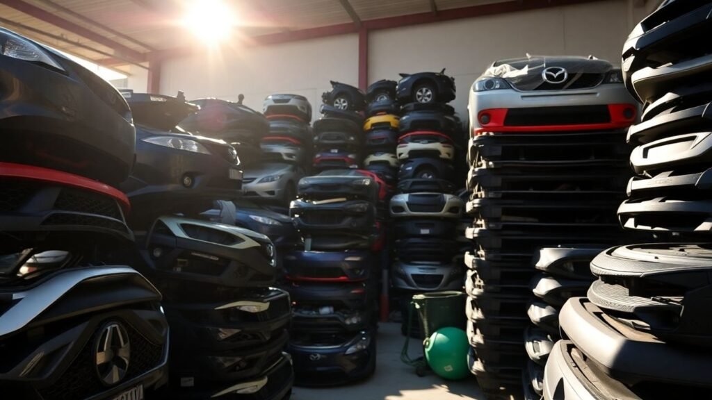 Mazda car parts neatly arranged in a recycling facility.