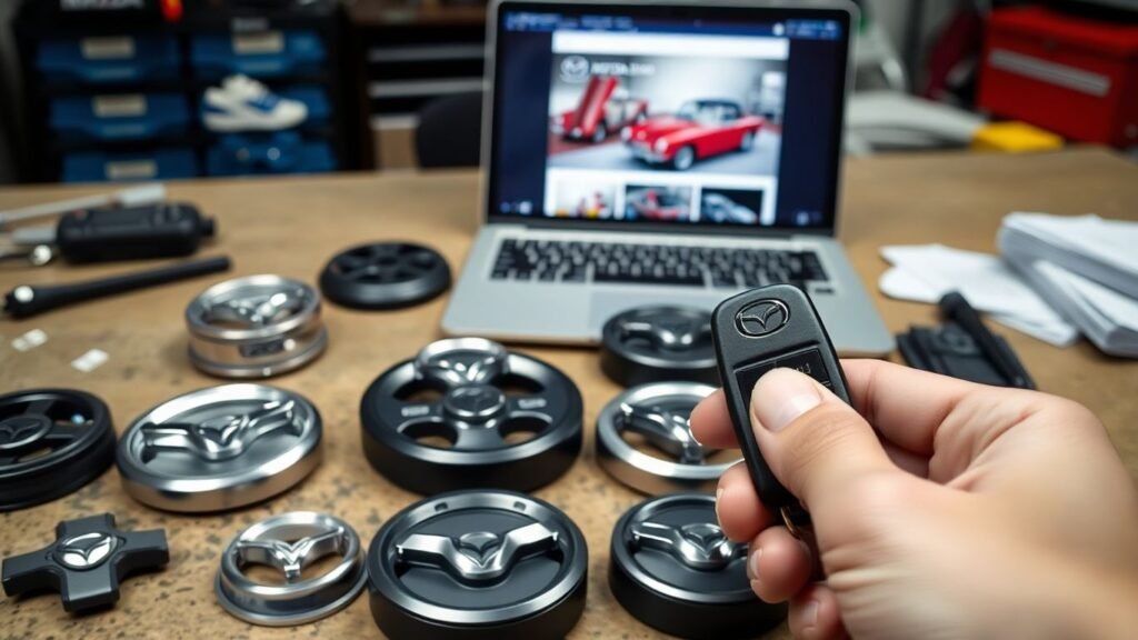 Mazda parts on workbench with laptop and car key