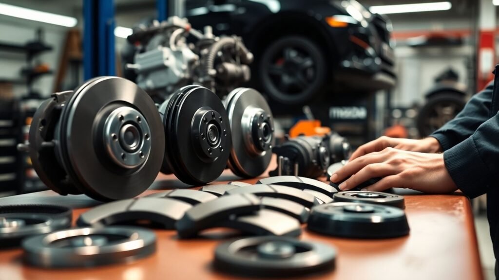 Mechanic inspecting genuine Mazda parts on workbench