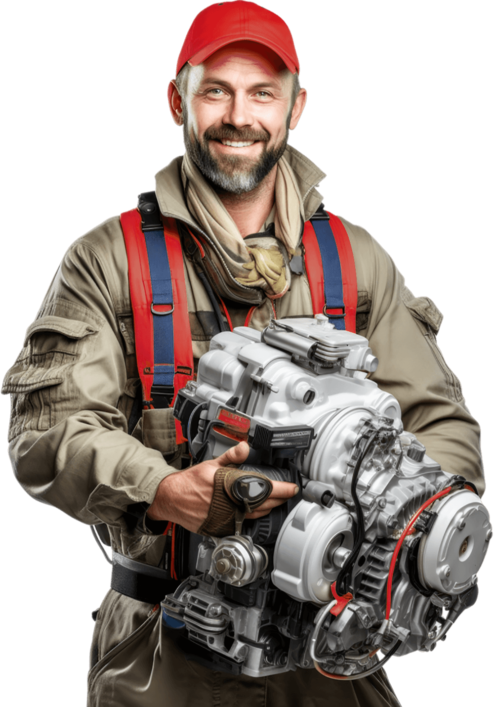 a mechanic, holding a car engine