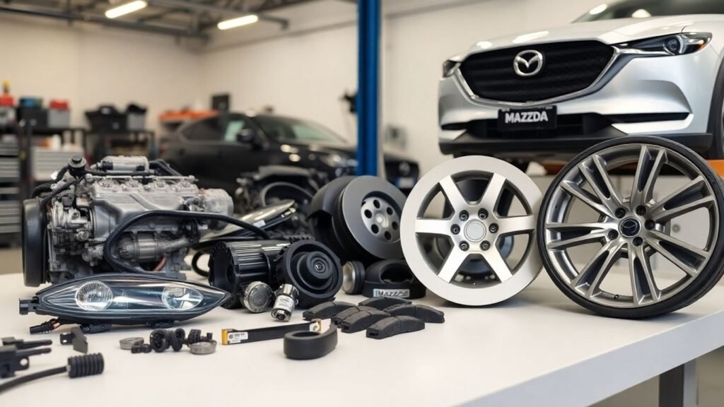 Mazda car parts neatly arranged in Australian auto workshop