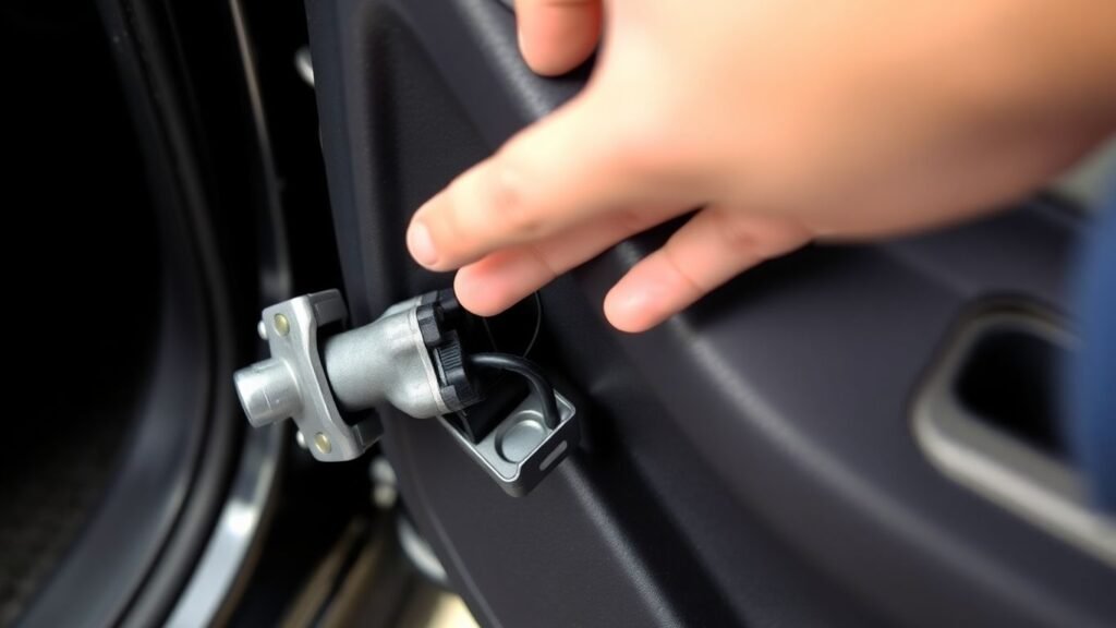 Mazda door lock actuator close-up with hand