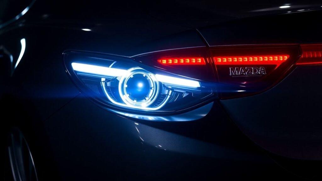 Mazda car with bright headlights and tail lights.