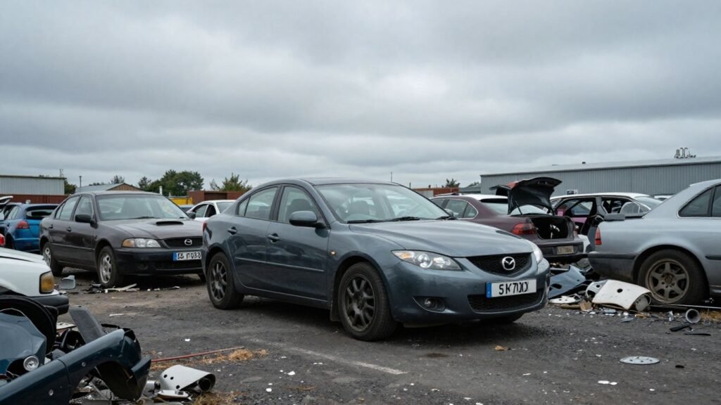 Mazda 3 in a Newcastle salvage yard with car parts