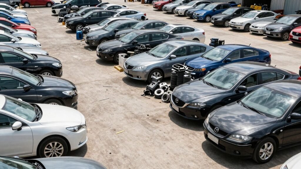 Mazda car parts at a wrecking yard.